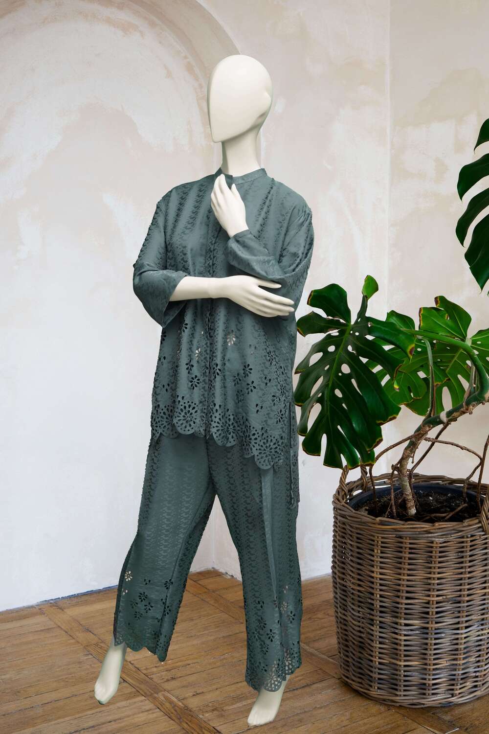 Embroidered Two-Piece Set in Sage Green